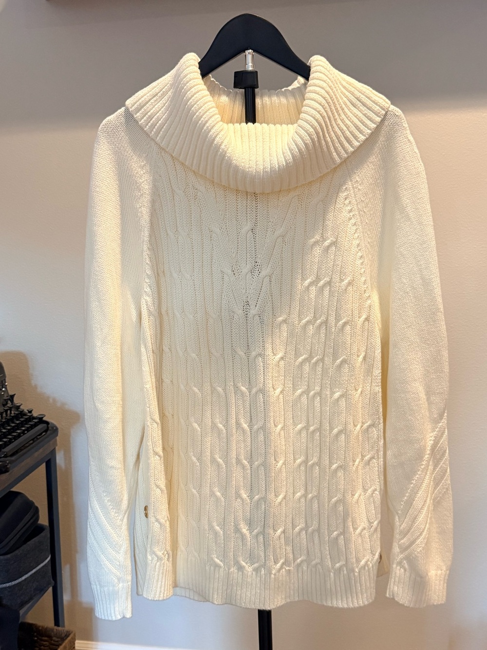 Talbots Ivory Cotton Cable Knit Cowl Neck Sweater